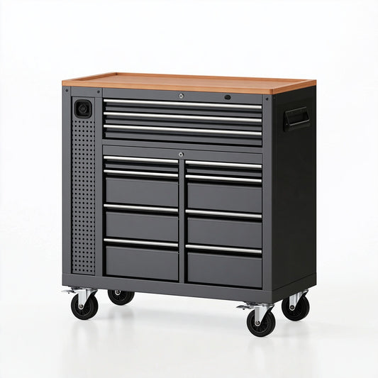 Carrello portautensili 90 x 50 x 100 cm in acciaio nero con piano effetto legno e ruote