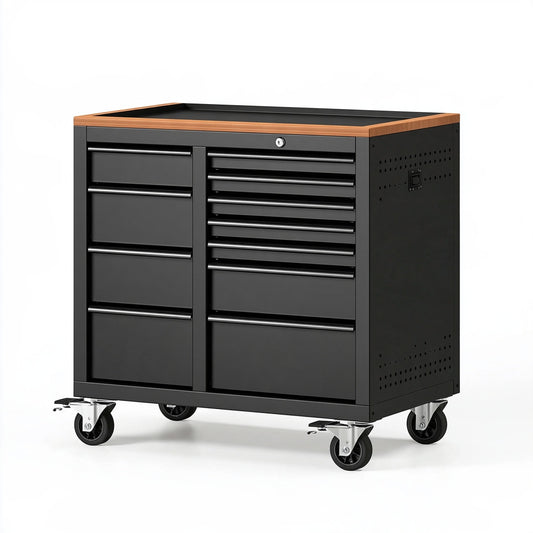 Cassettiera portautensili 110 x 55 x 95 cm in acciaio nero con piano effetto legno - mobile da officina con ruote