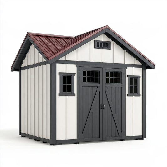 Casetta da giardino 240 x 180 x 230 cm in pannelli effetto legno bianco/grigio antracite con tetto rosso per deposito esterno