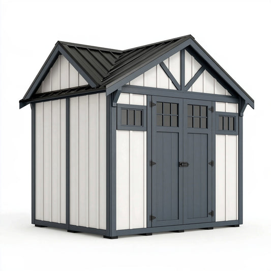 Casetta da giardino 240 x 180 x 230 cm in resina e acciaio bianco antracite con doppia porta e finestre stile classico