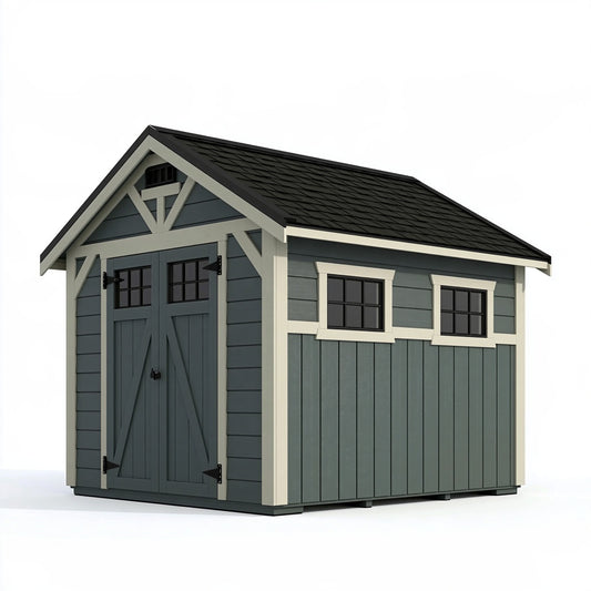Casetta da giardino 300 x 240 x 250 cm in legno grigio antracite con doppia porta e finestre stile rustico