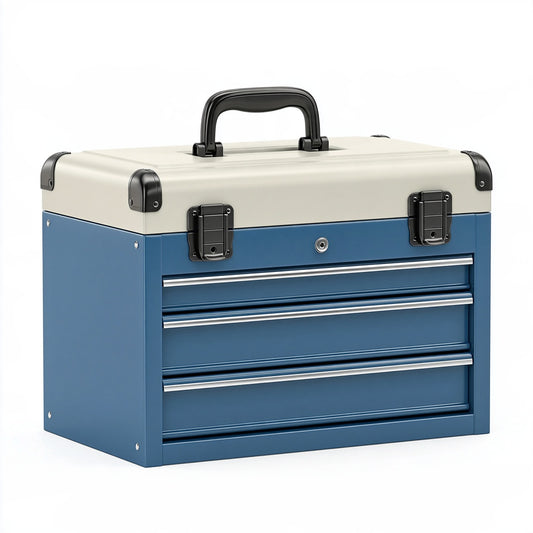 Cassetta portautensili 45 x 25 x 35 cm in metallo blu e crema con 3 cassetti
