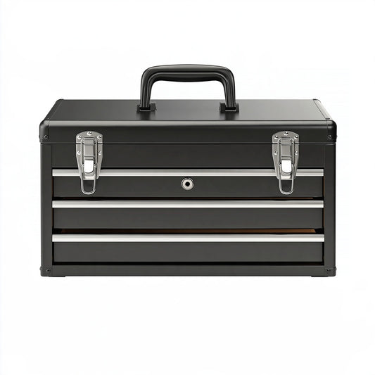 Cassetta portautensili 50 x 25 x 30 cm in metallo nero con 3 cassetti e maniglia