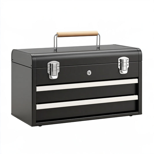 Cassetta portautensili 60 x 30 x 40 cm in metallo nero con manico in legno - organizzazione attrezzi